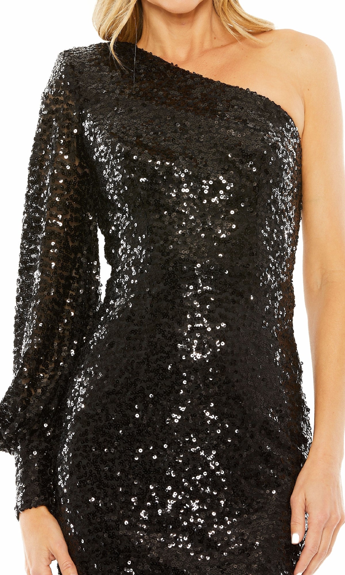 A person wearing the Mac Duggal 27375 One-Sleeve Sequin Hoco Dress, featuring a black design with a long left sleeve.
